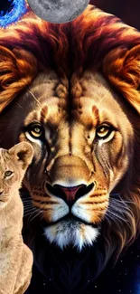 Lion and cub in vibrant natural art.