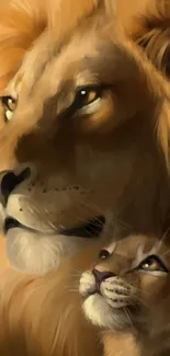 Majestic lion and cub digital painting for phone wallpaper.