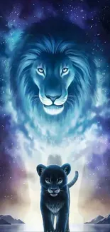 Galaxy wallpaper with a majestic lion and cub in deep blue hues.