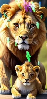 Majestic lion and cub in a serene landscape with greenery.