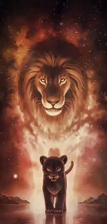 Majestic lion facing a cub under a starry sky in this mobile wallpaper.