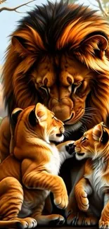 Majestic lion with two playful cubs in a natural scenery.