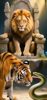 Majestic lion sitting on throne with tiger and snake.