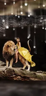 Lion with lady in yellow dress under a starry sky.