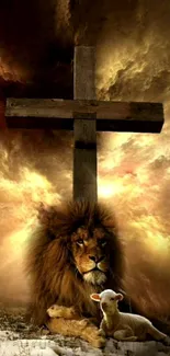 Majestic lion and serene lamb under a cross with a dramatic sky backdrop.