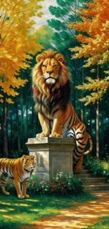 Illustration of a lion statue and tiger in a vibrant autumn forest.