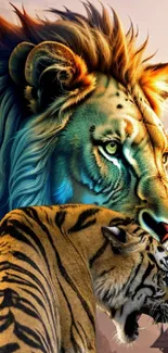 Majestic lion and tiger in vibrant colors, mobile wallpaper.