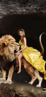 Woman in yellow dress sits on a lion.