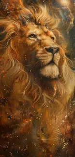 Majestic lion artwork wallpaper with a rich brown palette.