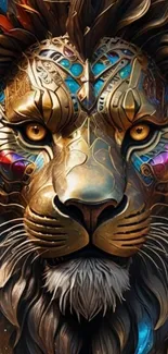 Intricate and colorful lion art design for wallpaper.