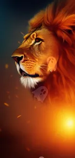 Majestic orange lion art with glowing sun backdrop.