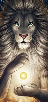 Majestic lion with glowing eyes holding a radiant orb in its paw.