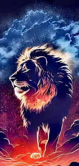 Vibrant lion art wallpaper with fiery and deep blue colors.