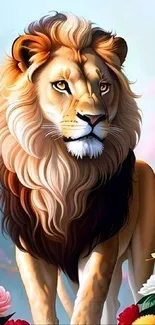 Artistic lion with vibrant flowers wallpaper for mobile.