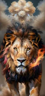 Majestic lion art with vibrant colors and ethereal background.