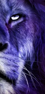 Majestic lion artwork with blue and purple hues on a mobile wallpaper.