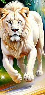 Majestic white lion in lush forest digital art wallpaper.