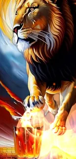 Artistic wallpaper featuring a majestic lion and fiery elements.