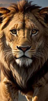 Majestic lion in golden light at sunset on mobile wallpaper.