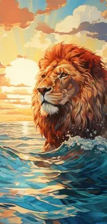 Majestic lion emerges from ocean waves at sunset.