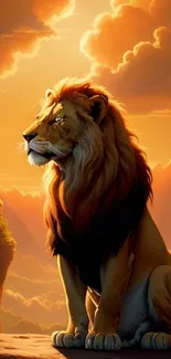 A majestic lion sits with a glowing sunset in the background, creating a serene landscape.