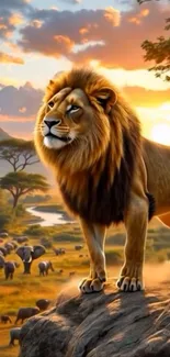 Majestic lion standing on rock with sunset background.