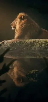 Lion resting by the lake with reflection.