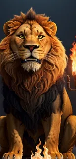 Majestic lion sitting by fire, radiating strength.