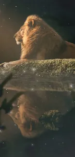 Majestic lion reflected in a moonlit river.