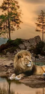 Majestic lion resting by a serene lake with trees and a stormy sky.