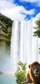 Majestic lion relaxing near a waterfall amid lush greenery and vivid blue sky.