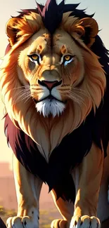 Majestic lion with cityscape background in vibrant mobile wallpaper.