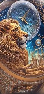 Majestic lion with cosmic clock backdrop and golden details, creating an artistic wallpaper.