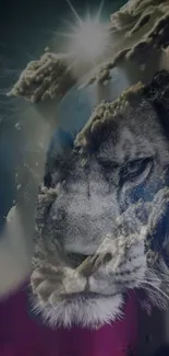 Lion's face blended with clouds in artistic wallpaper.