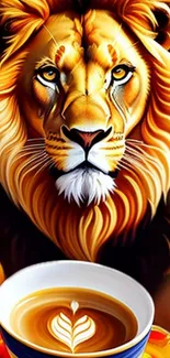 Vivid artwork of a lion with a coffee cup.