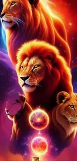 Majestic lions in a vibrant cosmic setting with orange and galaxy hues.