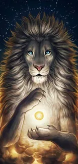 Majestic lion with cosmic background and glowing orb.