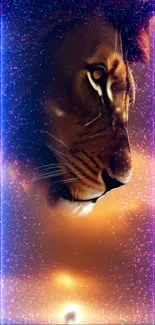 Elegant lion with a cosmic glow in vibrant hues on a mobile wallpaper.