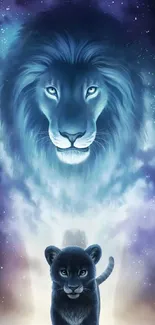 Cosmic lion and cub with galaxy background on mobile wallpaper.