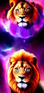 Vibrant cosmic wallpaper featuring two lions amidst a colorful nebula.