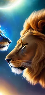 Two majestic lions face each other in a cosmic scene with a celestial background.