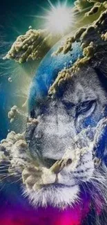 Majestic lion with cosmic and nature elements.