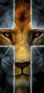 Majestic lion with a cross overlay wallpaper for mobile.