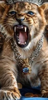 Roaring lion cub with crown and necklace.