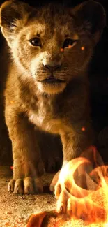 Lion cub standing proudly in a cave with paw print in front, golden lighting.