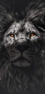 Majestic lion with glowing eyes on a dark wallpaper background.