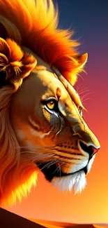 Lion's profile against a desert sunset with vibrant orange and red hues.