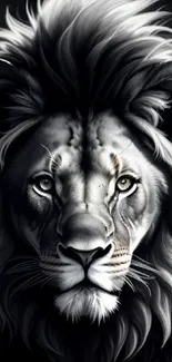 Black and white digital art of a majestic lion with intricate fur details.