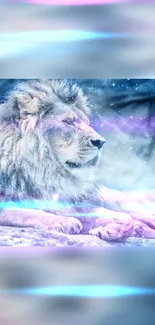 Majestic lion in surreal dreamscape with ethereal colors.