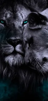 Lion pair with blue glow mobile wallpaper.